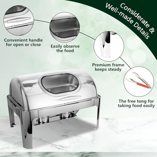 IMACONE Roll Top Chafing Dish Buffet Set w/Visible Window, 9QT Stainless Steel Chafers and Buffet Warmer for Catering, with Full Size Food & Water Pan, Fold Frame, Fuel Holder for Event Party Holiday