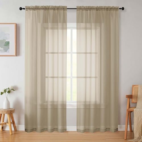 WelvetBLK Taupe Sheer Curtains 84 Inches Long 2 Panels, Soft Airy Light Filtering Curtains for Bedroom Living Room, Modern Rod Pocket Privacy Drapes Window Treatments, Taupe, Total Wide 84 Inch