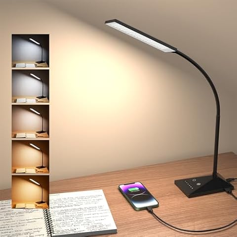 MONGERY LED Desk Lamp Eye-Caring Table Lamps with USB Charging Port,7 Brightness Levels & 5 Color Modes,Touch Control and Memory Function, Flexible Gooseneck Reading Lamp for Home Office, Black Cover