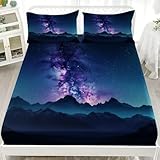 Un MagníFico Cielo Estrellado Y La VíA LáCtea. Sábana Bajera Ajustable 150x190x30cm, Transpirable Tacto Suave Sábana, Azul-Violeta Sábana Bajera Alta Comodidad Juego De Cama para Cama Matrimonial