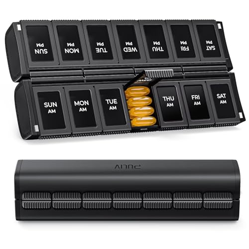 PULIV Weekly Pill Organizer 2 Times a Day with Magnetic Foldable Design for Dual Protection, Large AM PM Pill Box Case for Travel, Compact Medication Organizer for Vitamins, Fish Oils and Supplements