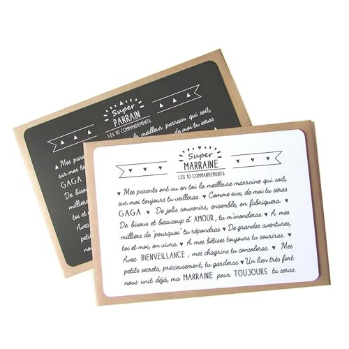 Lot de 2 cartes Parrain Marraine, commandements, cadeau, baptême
