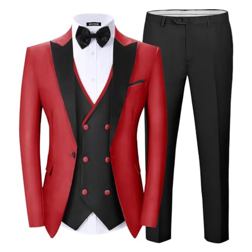 HUUTOE Men's Tuxedo Suits 3 Piece Slim Fit Stylish Party Wedding Prom Formal Christmas Double Breasted Suit with Bow Tie