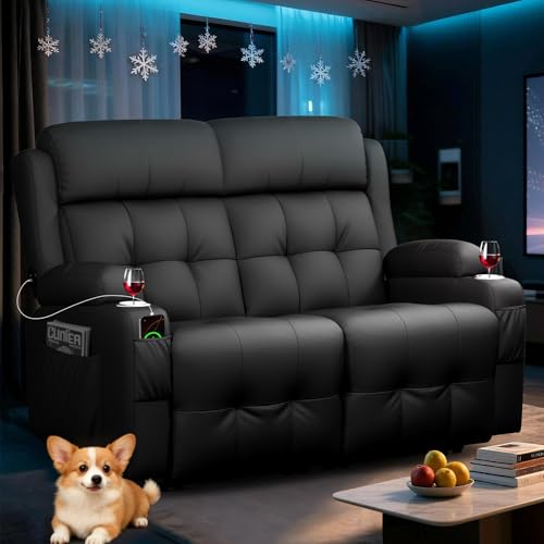 Image of Loveseat Recliner Sofa, Home Theater Seating with Massage, Reclining Loveseats with Console, Wall Hugger RV Couch Movie Theater Chairs, RV Furniture Sofas with USB, Cup Holders, Drawer for Gaming Room