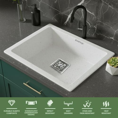 Image of BASINQU Quartz Sink for Kitchen | 21x18x9 Inches Quartz Kitchen Sink Rosa | Granite Sink For Kitchen Basin UV Protected, Granite Scratch Resistant, Undermount /Topmount Sinks