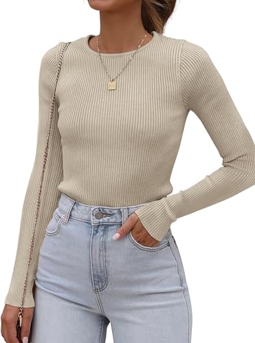 ATHMILE Womens Long Sleeve Tops Crewneck Cute Shirts 2024 Fall Knit Sweater Tee Slim Fitted Casual...