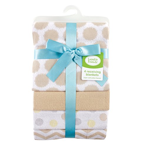 Image of Luvable Friends Unisex Baby Cotton Flannel Receiving Blankets, Tan Dots 4-Pack, One Size