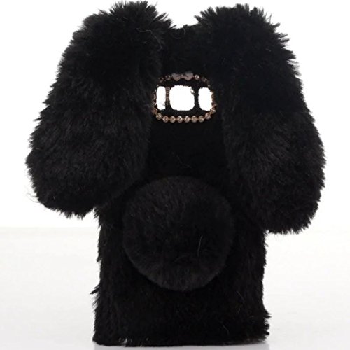 Case for Moto Z2 Play, [Plush Rabbit Case] Stylish Cute Furry Rabbit Fur Bling Crystal Rhinestone Warm Handmade Design Fluffy Soft Case for Motorola Moto Z2 Play (Black)