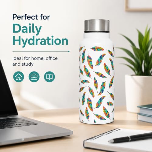 Image of Stainless Steel Water Bottle for School Office Travel | Printed Water Bottle | Drinking Bottle for Home Gym College | Stylish Bottle for Daily Use Picnic & Gifting (White with Feather)
