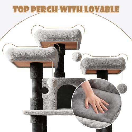 Image of SHA CERLIN 68 Inches Multi-Level Large Cat Tree for Large Kitties /Big Cat Tower with Condo /Cozy Plush Pussycat Perches /Sisal Scratching Posts and Hammocks /Activity Center /Black & Grey