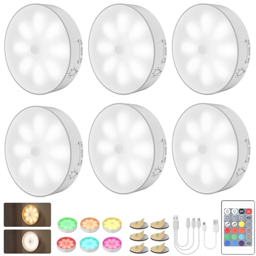 Electight 6 Pack RGB sensor de movimento para interiores, luz noturna LED com controlo remoto, temporizador, recarregável por USB para corredor, escadas, garagem, entrada, quarto (multicolor)