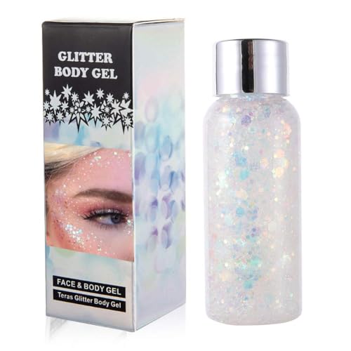 GL-Turelifes Mermaid Sequins Chunky Glitter Liquid Eyeshadow Body Gel Festival Cosmetic Face Hair Nails Makeup Long Lasting Sparkling 30g (09# White)