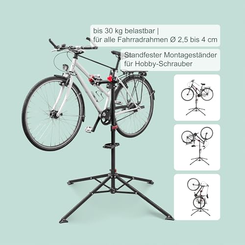 Relaxdays Fahrradmontageständer Reparaturständer mit Werkzeugablage – klappbar & höhenverstellbar – schwarzer Montageständer vierbeinig stabil mit festem Stand – Stahl pulverbeschichtet, 10017183, STANDARD