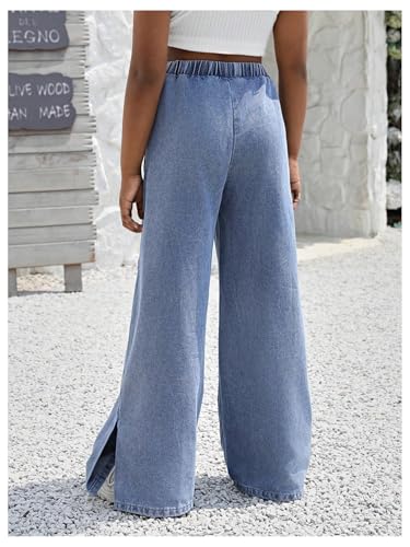 MakeMeChic Girl's Elastic Waist Tie Front Jeans Button Split Side Wide Leg Long Denim Pants2