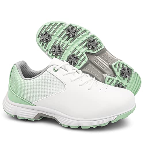 VEACAM Womens Golf Shoes Waterproof Golf Sneakers Lightweight Laides Golf Fitness Shoes Outdoor Anti Slip Walking Footwears,Green Spike,6