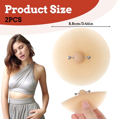 Tweruna Nippelpads Silikon Brustwarzenabdeckungen mit Piercing, Nipple Pads, Wiederverwendbare Brustwarzenabdeckung mit Stahlpiercings für Frauen, wasserdichte Hautfarbene