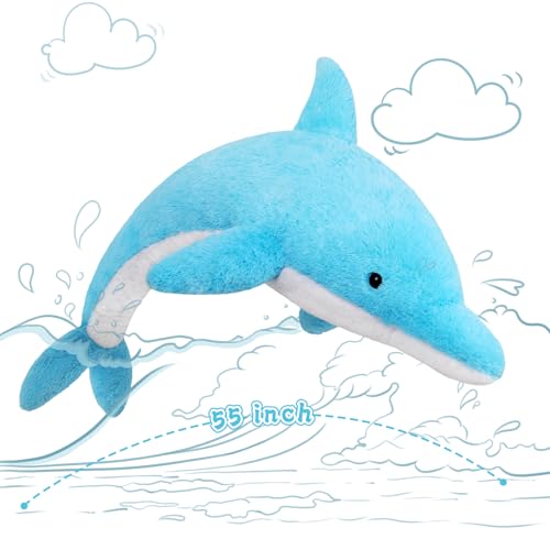 Image of MorisMos 55 Inch Giant Dolphin Stuffed Animals, Large Stuffed Dolphin Plush Toy Soft Marine Ocean Plush Gifts for Kids, Blue