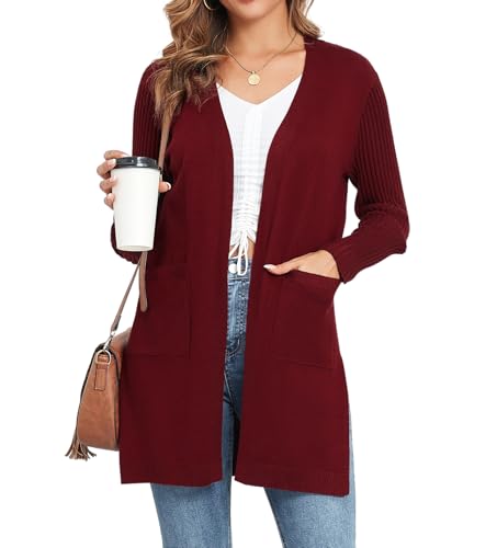 Image of Women's Cardigan Sweaters V-Neck Long Sleeves with Two Pockets Side Split Hem Open Front Knit Casual Cardigan