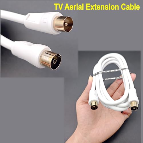JZK 1.8m weißes TV-Antennenverlängerungskabel, vergoldetes HF-Koaxialkabel Stecker auf Buchse für digitale und analoge Signalübertragung, Freeview, Set-Top-Box, Satellitenfernsehen DVB-S, DVB-S2