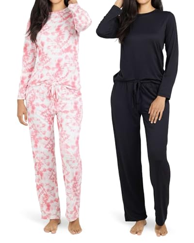 Real Essentials 2 Pack: Women's Comfy Pajama Sets - Short & Long Sleeve Ladies Loungewear Sleepwear PJs (Available In Plus)(Set H Black & Pink, X-Large)