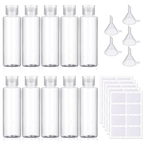 tiopeia Lot de 10 flacons voyage en plastique transparent de 100 ml, flacon vide voyage avec 5 entonnoirs et 40 étiquettes pour Le Vol, l'Aéroport, Les Vacances Cover