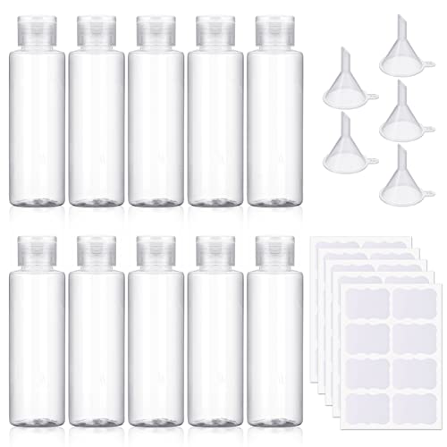 tiopeia Lot de 10 flacons voyage en plastique transparent de 100 ml, flacon vide voyage avec 5 entonnoirs et 40 étiquettes pour Le Vol, l'Aéroport, Les Vacances