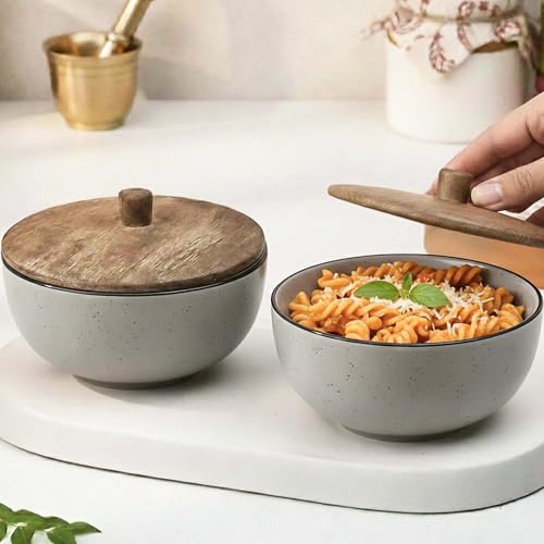 Image of The Earth Store Glossy Grey Marble Ceramic Bowl Set of 2 - 500ML Each with Nob Wooden Lid | Mixing Bowls for Snacks, Rice, Dal, Fruits, Salad Microwave Safe Bowl with Lid Perfect Gifting & Daily Use