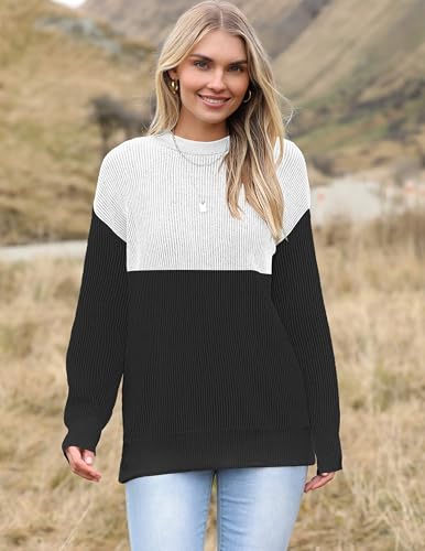 Image of Zeagoo Women 2026 Fall Lightweight Oversized Sweater Crew Neck Long Sleeve Color Block Pullover Rib Knit Blouse Tops XS-2XL