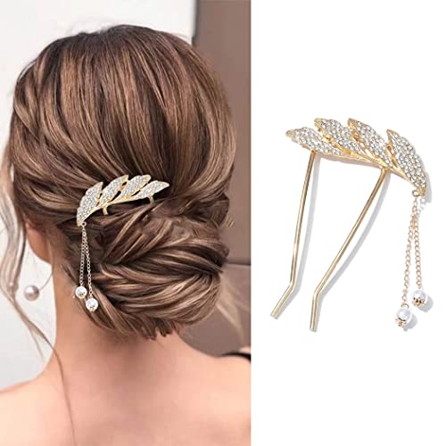 Bartosi U-Shaped Hairpin Gold Feather Hair Barrettes Tassel Hair Clips Rhinestone Crystal Hair Fork Fashionable Dish Hair Fringed Decorative Hair Accessories For Women Girls (Pack Of 1) #TOP23