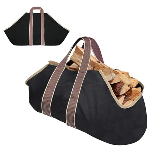 Large Canvas Log Carrier Bag & Firewood Basket 36"x17.5", Durable Log Storage Companion for Fireplace, Wood Burner & Outdoor Fire Accessories (Black)
