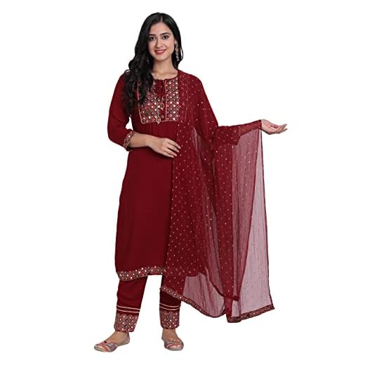 Ziva Fashion Women Embroidered Kurta Pant & Dupatta Set (Red, L)