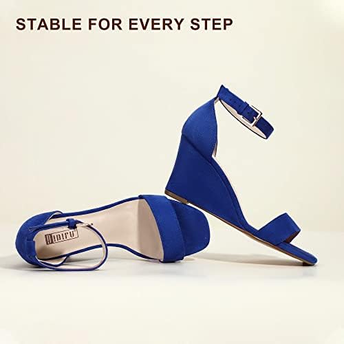 IDIFU Women's Classic Wedge Heels Sandals 3 Inch Ankle Strap Open Toe Evening Dress Wedding Shoes (10, Royal Blue Suede) | Image 5