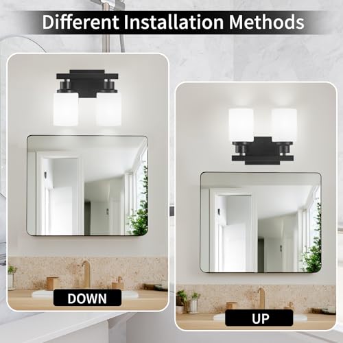 Image of Bathroom Light Fixtures Over Mirror 2-Light Black 10.6in | White Frosted Ribbed Glass Shade Vanity Lights Bathroom Wall Lamp Sconces for Mirror Bedroom Hallway Small Space E26 Base