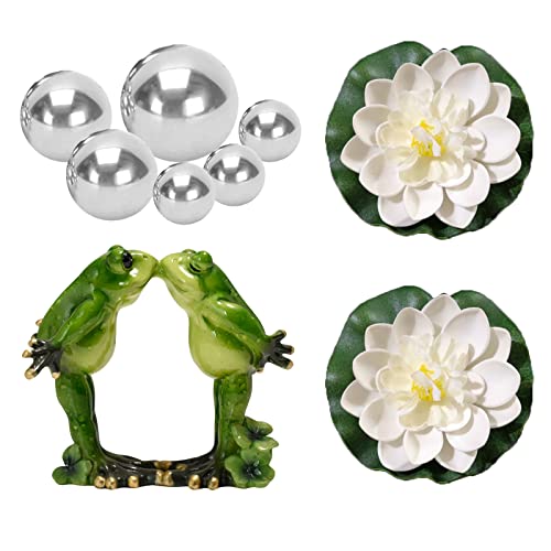PLATEYTR Mini Bassin décoratif Grenouille Flottante avec 6 Boules argentées et 2 Fleurs de Lotus pour Mini étang de terrasse Fontaine Solaire pour Jardin(A02)