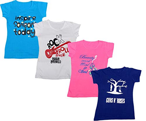 Image of indi weaves Girls Pure Cotton Chest Printed Half Sleeves Round Neck T-Shirts (Pack of 4)