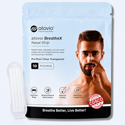 Image of Atovio BreatheX Nasal Strips - Extra Strength Snoring & Congestion Relief | Sweat-Proof, Hypoallergenic Adhesive | Opens Nasal Passages for Better Breathing, Sleep & Sports Performance | CDSCO Licensed (Transparent, Pack of 10)