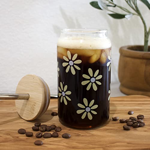 Iron & Flint Yellow Daisies Iced Coffee Glass Cup With Bamboo Lid And Straw | 16Oz Beer Can Glass With Lids And Straw | Can Shaped Glass Soda Can Cup | Glass Tumbler With Bamboo Lid And Straw #TOP3