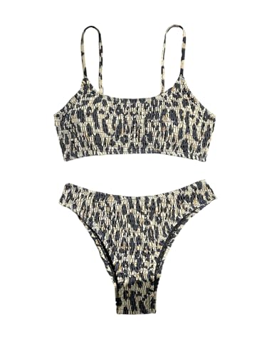 Women's 2 Piece Leopard Print Bikini Sets Smocked High Waisted Cheetah Swimsuit Bathing Suit