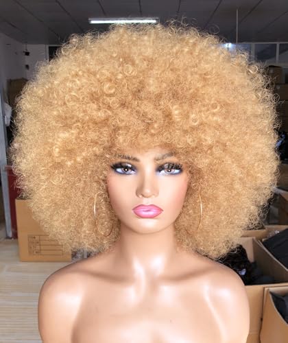 ANNISOUL Afro Wigs for Black Women Short Curly Afro Wig with Bangs 70s