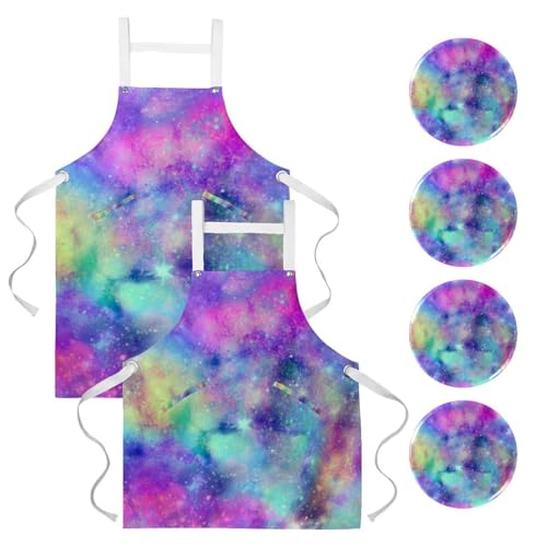 Tablier de cuisine pour restaurant lot de 2 avec broches imprimé galaxie rose bleu