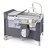Picture of BABY JOY 5-in-1 Pack and Play, Portable Baby Bedside Sleeper with Bassinet, U-Shaped Diaper Changer, Safety Strap, Side Zipper Entrance, Hangings, Bedside Crib Playard from Newborn to Toddlers (Gray)
