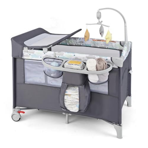 BABY JOY 5-in-1 Pack and Play, Portable Baby Bedside Sleeper with Bassinet, U-Shaped Diaper Changer,...