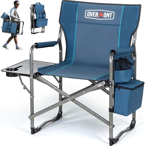 Overmont Portable Director Chair - Oversized Folding Camping Chair for Adults with Cooler&Table &Pocket&Carry Strap - Heavy Duty Lawn Chair Supports 450 LBS for Outdoor Beach Picnic -Navy 2 Pcs by OVERMONT - Used condition - CA$84.72