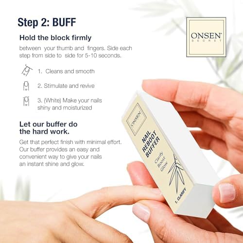 Onsen Secret Japanese Nail File Buffer and Shine Kit - Professional Nail File, 3-Way Nail Buffer Block w/Free Replacement Pads & Nail Strengthening Cuticle Cream for Healthy Nails, Nail Care Kit, 1pk