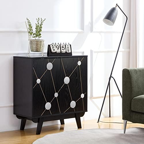 Qiozzey Modern Storage Cabinet with Acrylic Mirrors, Floor Standing Buffet Cabinet, Oak Lines Finish Sideboard Organizer, Anti-Dipping Wood Cabinet for Bedroom, Bathroom, Living Room, Kitchen, Office