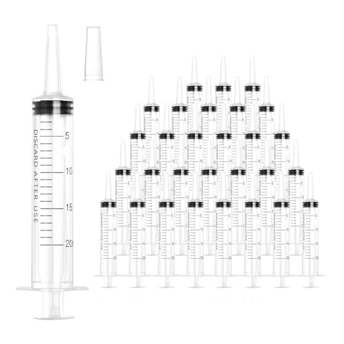 20ml Plastic Syringe with Cap Large Syringes without Needle for Liquid Scientific Labs Measurement Pet Feeding Ink Refilling Oil or Glue Applicator Individually Wrapped (30 Pack)