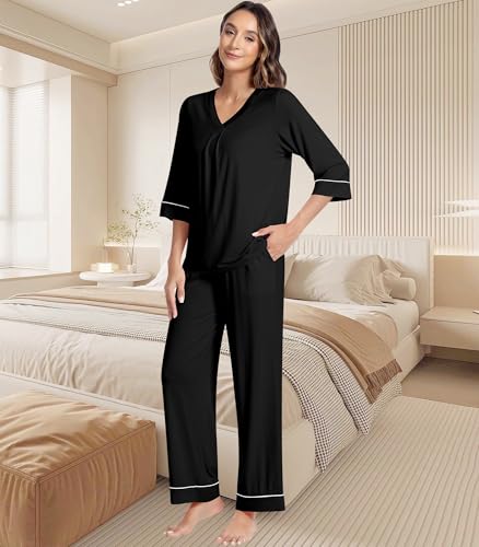 NACHILA Women's Pajamas Set 3/4 Sleeves Pjs V Neck Sleepwear Soft Loungewear with Wide Leg Pants, Viscose Made from Bamboo3