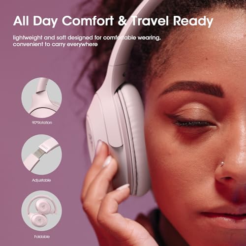 DOQAUS Słuchawki Bluetooth Nauszne, Bezprzewodowe Słuchawki Bluetooth 5.3 z 70-Godzinnym Czasem Odtwarzania, 3 Tryby EQ, Składane Słuchawki Hifi Stereo Wireless z Mikrofonem, (różowy)