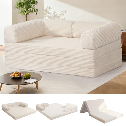 Image of Tri-Fold Foldable Mattress, Convertible Folding Sofa Bed with Removable Arms & Washable Cover, All-in-One Portable Mattress Floor Sofa Bed, No Assembly Required & Non-Slip, Queen Size, Beige