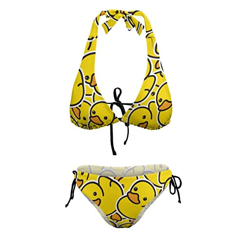 WZOMT Women's Sexy Halter Yellow Rubber Duck Bikini Suit 2 Piece Set Triangle Bikini Swimsuits V Neck Bathing Suit